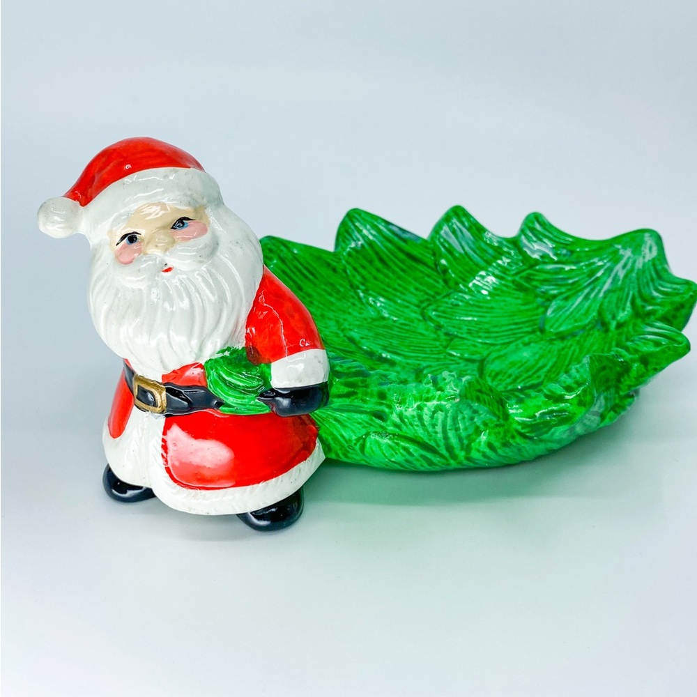 Vintage 1980s JSNY Santa & Christmas Tree Ceramic Candy Trinket Dish Taiwan